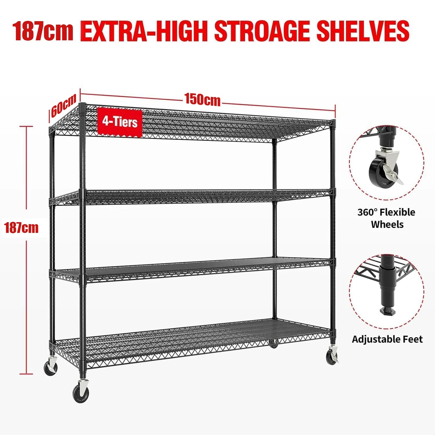 Industrial Wire Shelving – 4-Tier Heavy-Duty Metal Storage Rack
