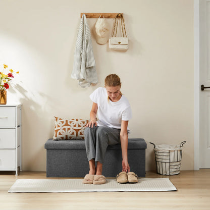 Folding Storage Ottoman Bench – Linen Fabric Footstool, 43-Inch