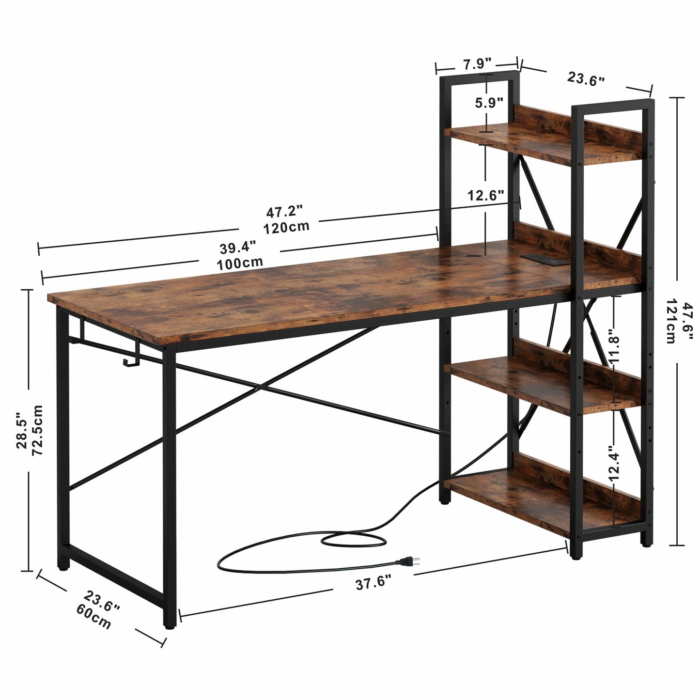 Computer Desk 47" – Industrial Writing Table with Power & USB Ports