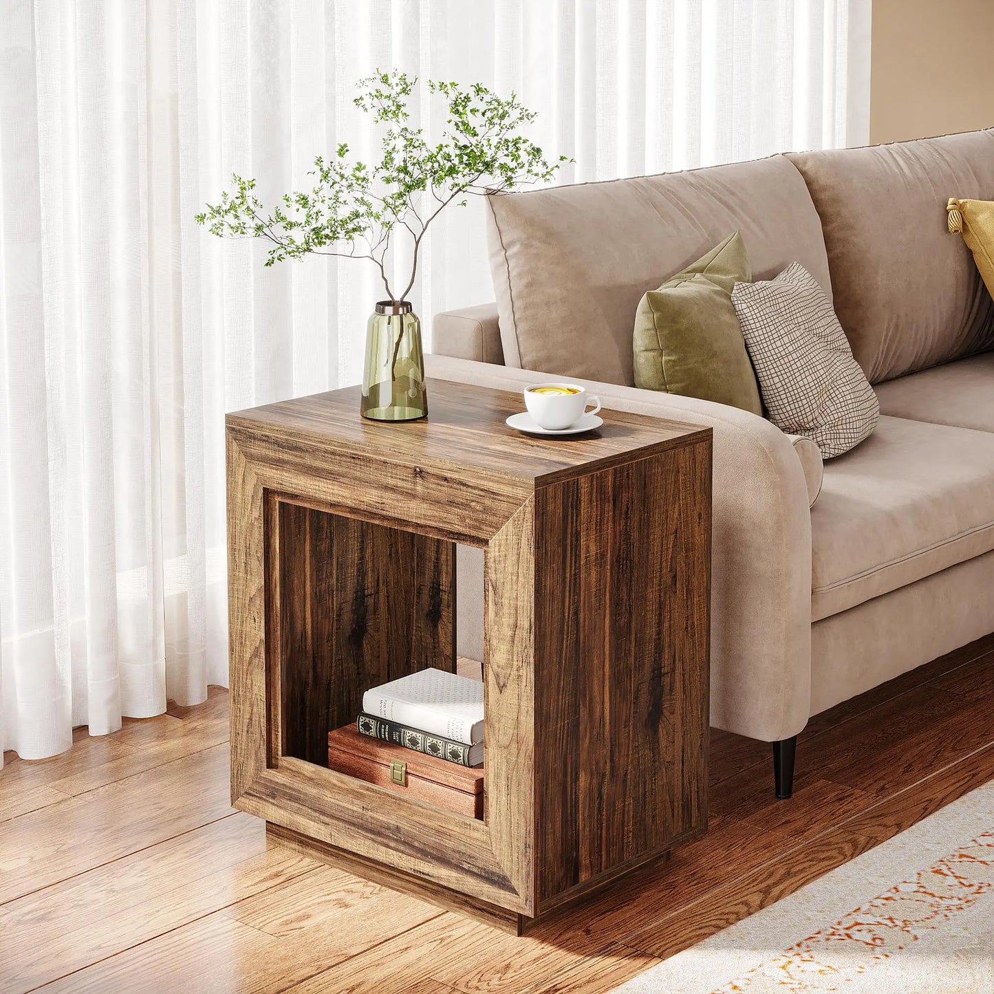 Rustic Wood End Table – 2-Tier Square Side Table, 24-Inch