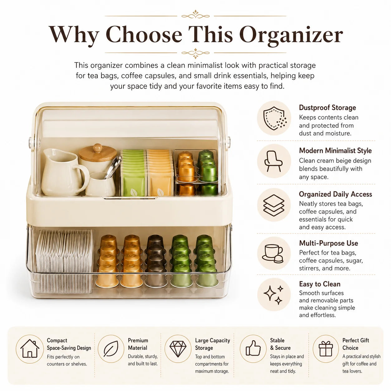 Tea Bag Storage Box – Dustproof Double-Layer Countertop Organizer