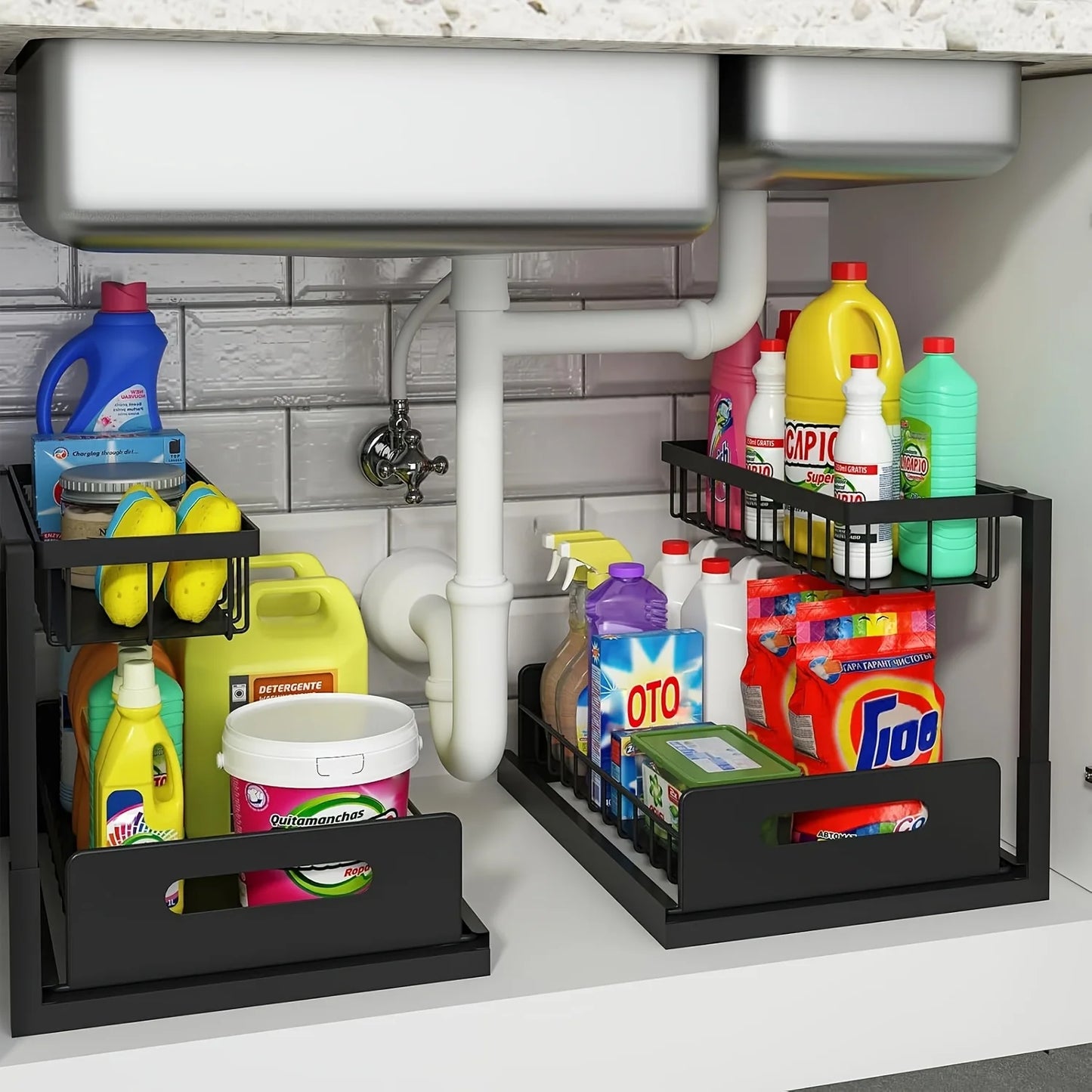 2-Tier Under Sink Organizer – Metal Slide Out Cabinet Shelf