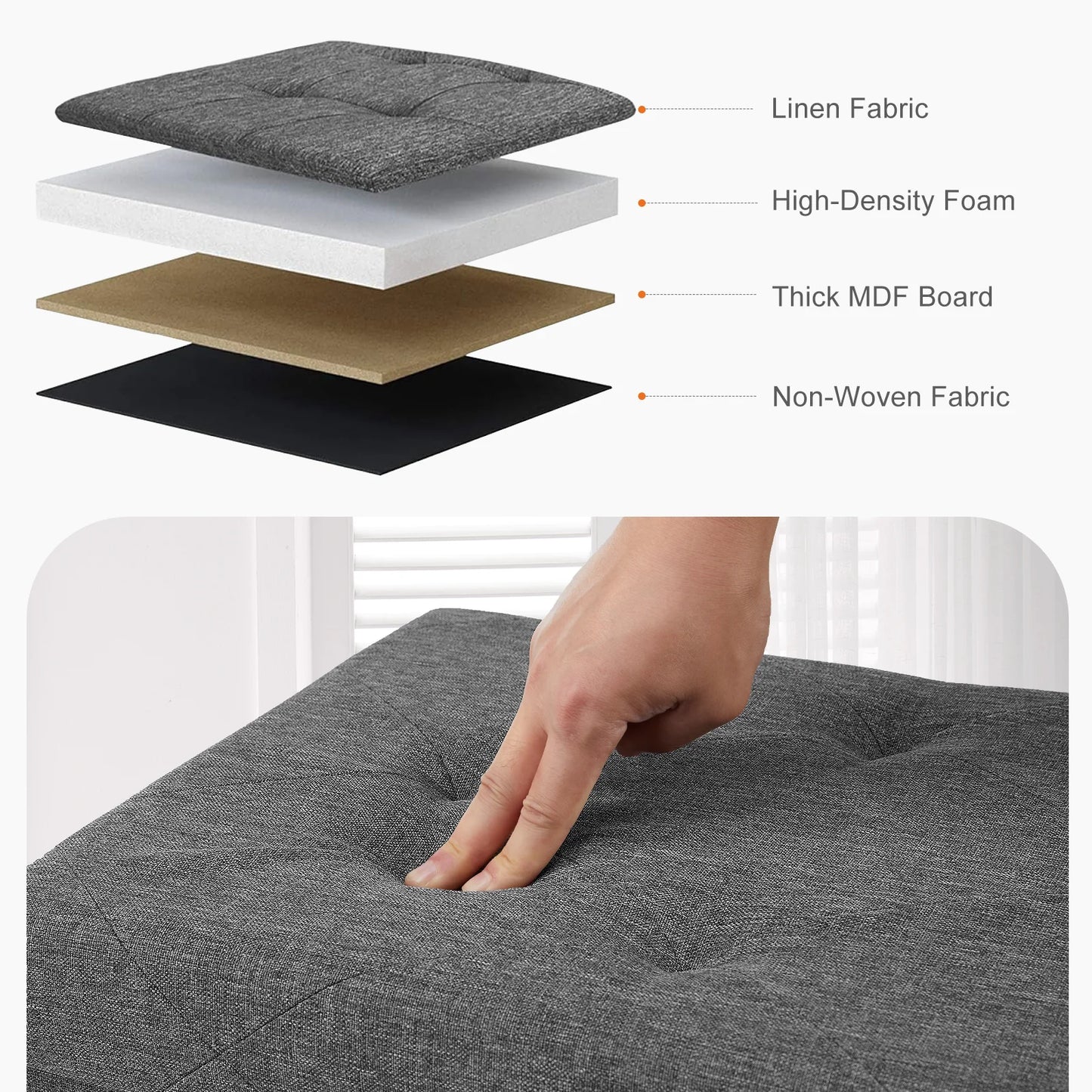 Folding Storage Ottoman Bench – Linen Fabric Footstool, 43-Inch