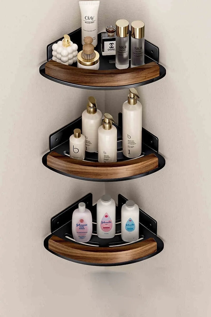Wood Corner Bathroom Shelf – Wall Mounted Storage Organizer Rack