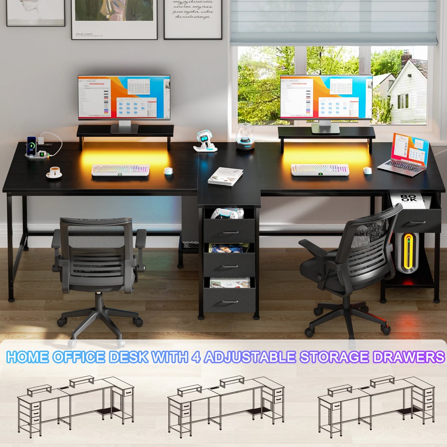 93-Inch L-Shaped Office Desk – With Power Outlets and LED Lights