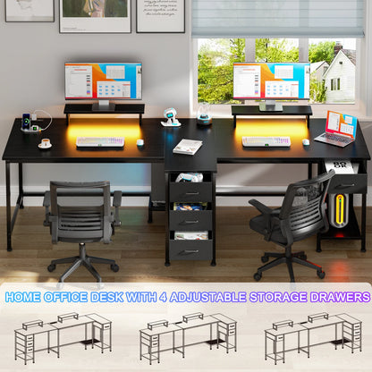 93-Inch L-Shaped Office Desk – With Power Outlets and LED Lights