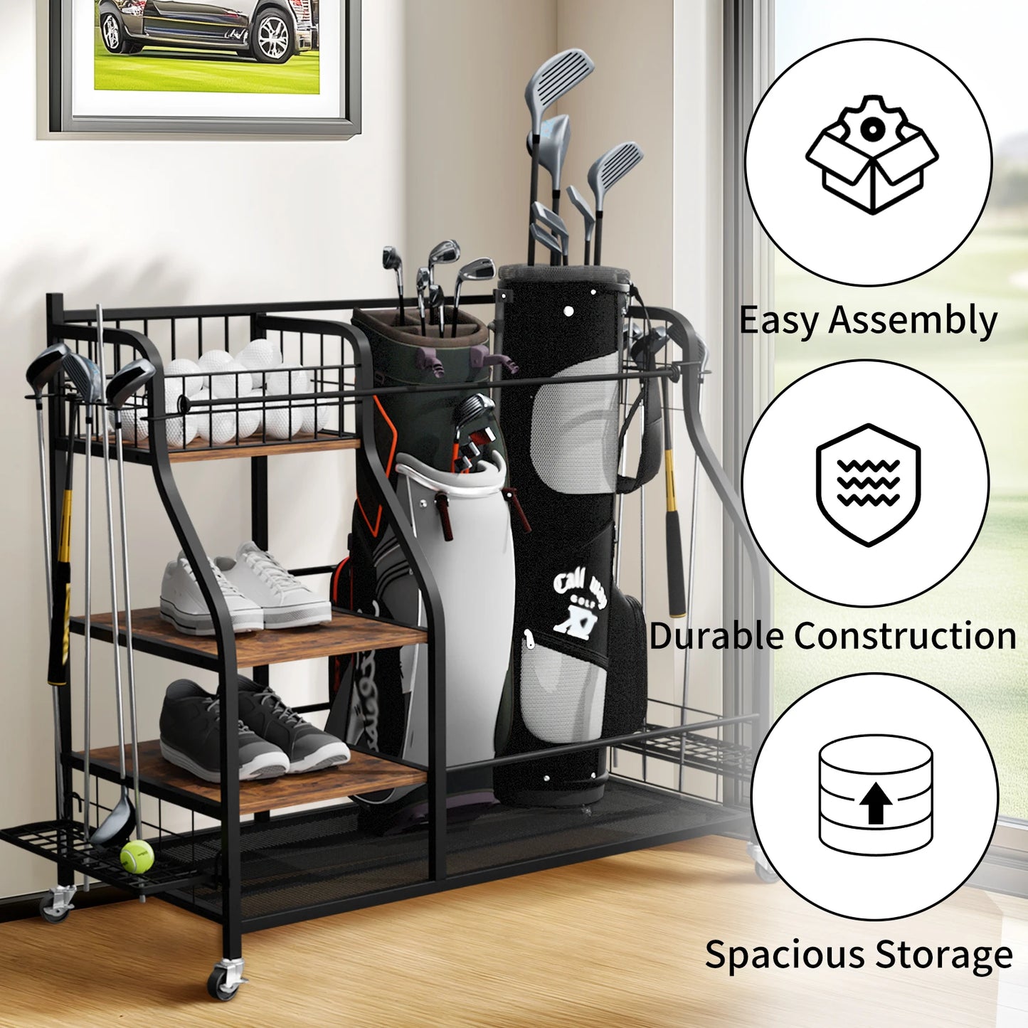 Golf Bag Organizer – 3-Tier Rolling Metal Sports Storage Rack