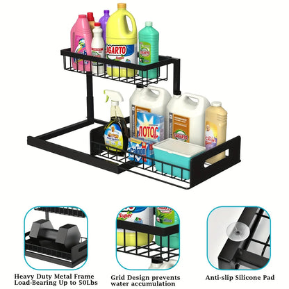 2-Tier Under Sink Organizer – Metal Slide Out Cabinet Shelf