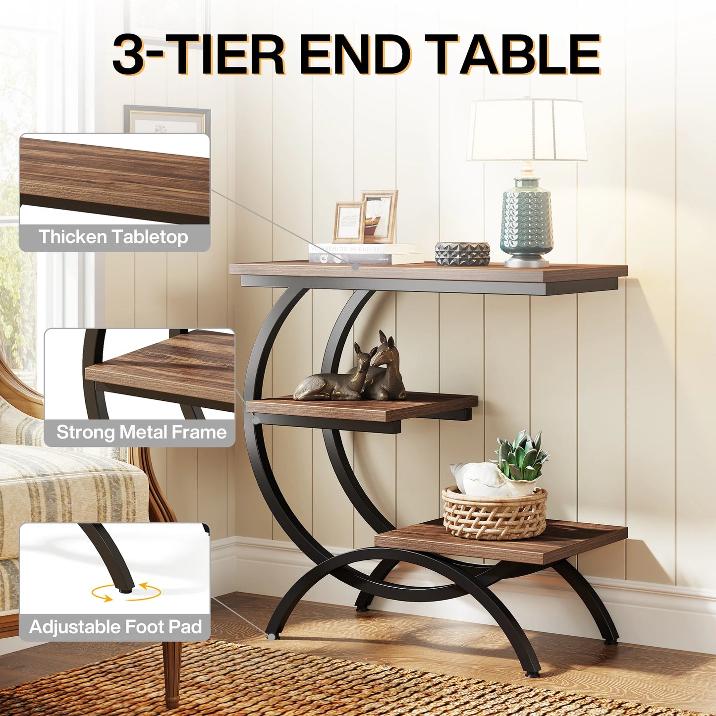 C-Shaped End Table – Industrial 3-Tier Wood Side Table
