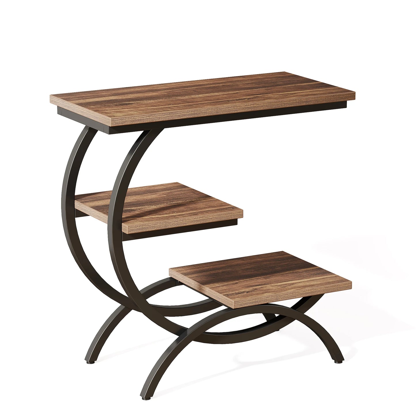 C-Shaped End Table – Industrial 3-Tier Wood Side Table