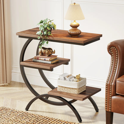 C-Shaped End Table – Industrial 3-Tier Wood Side Table