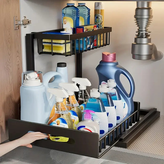 2-Tier Under Sink Organizer – Metal Slide Out Cabinet Shelf