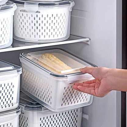 Refrigerator Storage Box – Fridge Organizer with Drain Basket, Plastic