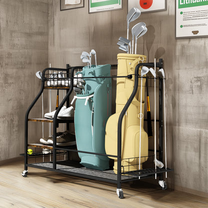 Golf Bag Organizer – 3-Tier Rolling Metal Sports Storage Rack