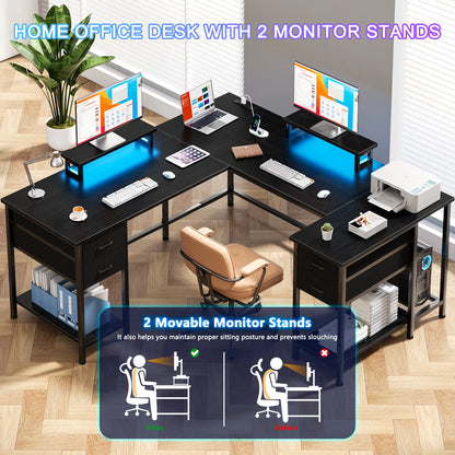 93-Inch L-Shaped Office Desk – With Power Outlets and LED Lights