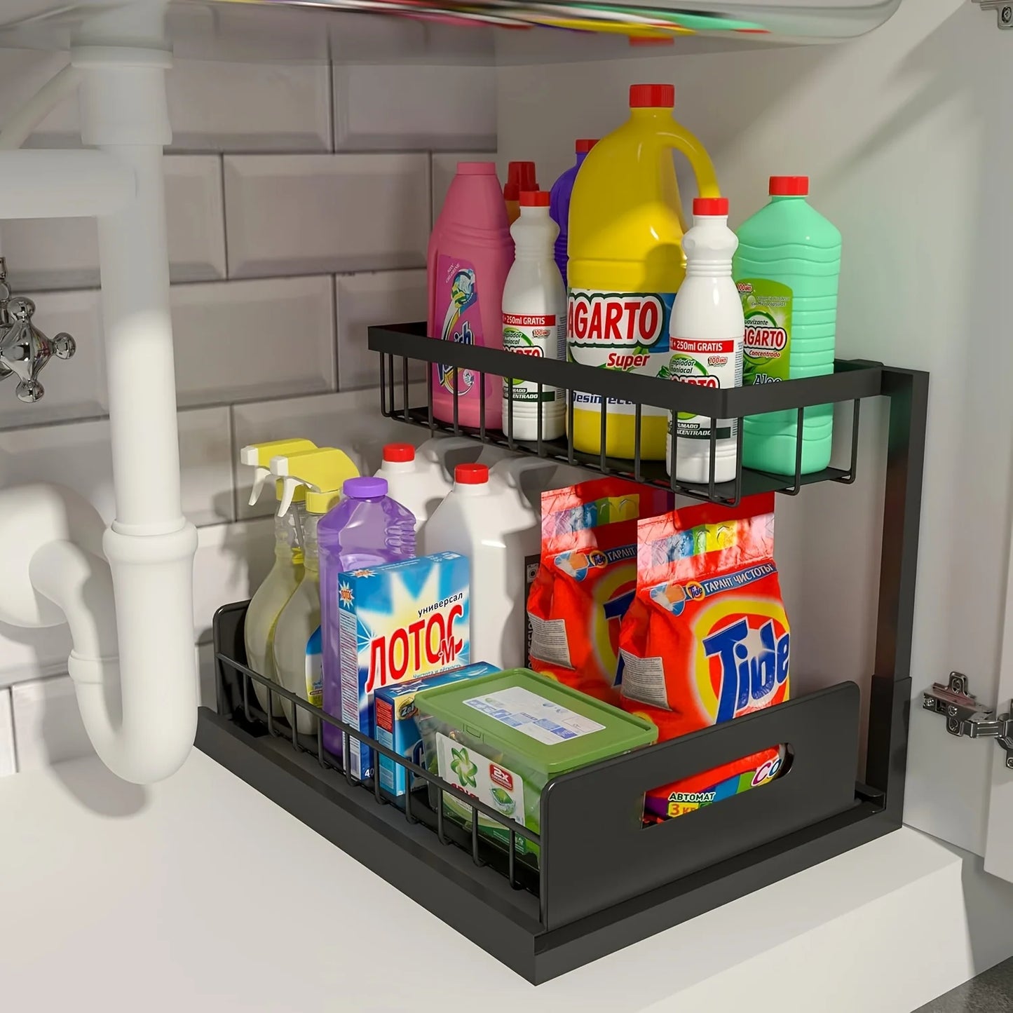 2-Tier Under Sink Organizer – Metal Slide Out Cabinet Shelf