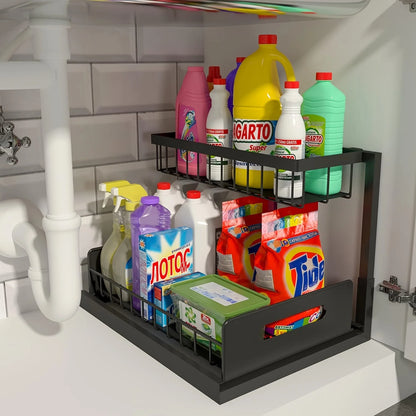 2-Tier Under Sink Organizer – Metal Slide Out Cabinet Shelf