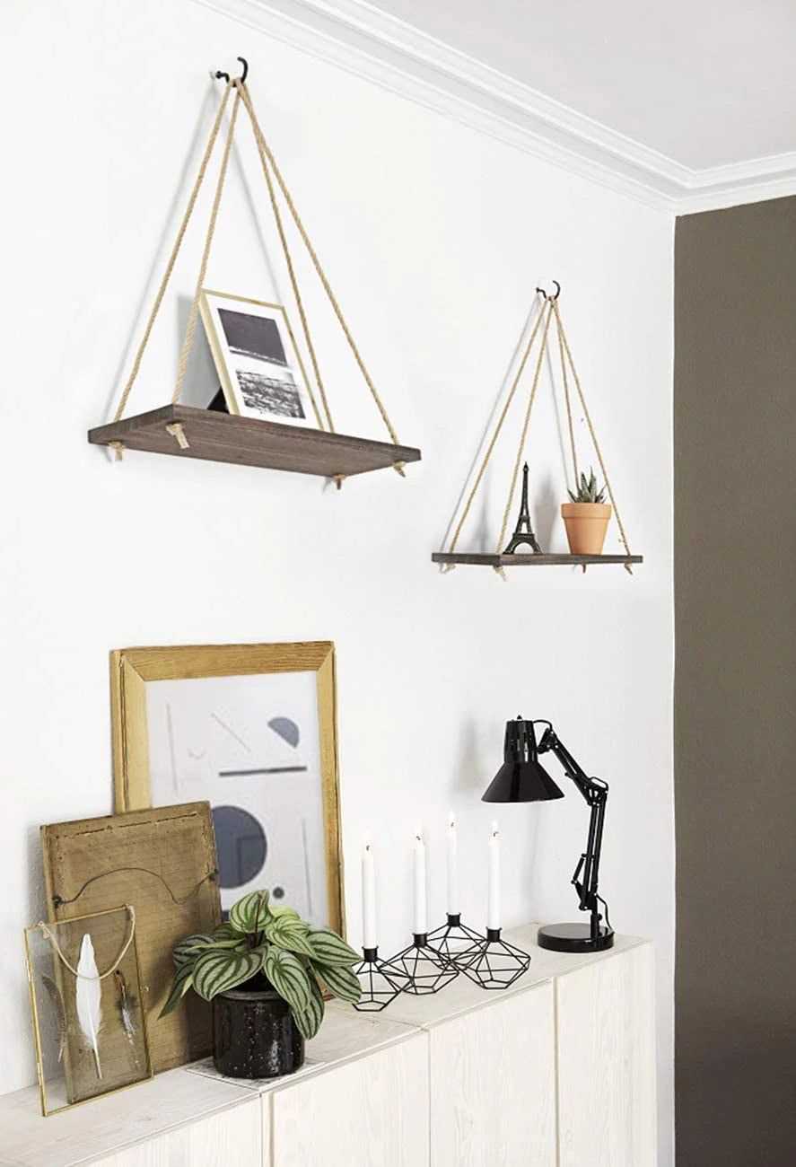 Floating Wall Shelf – Macrame Rope Triangle Wood Rack