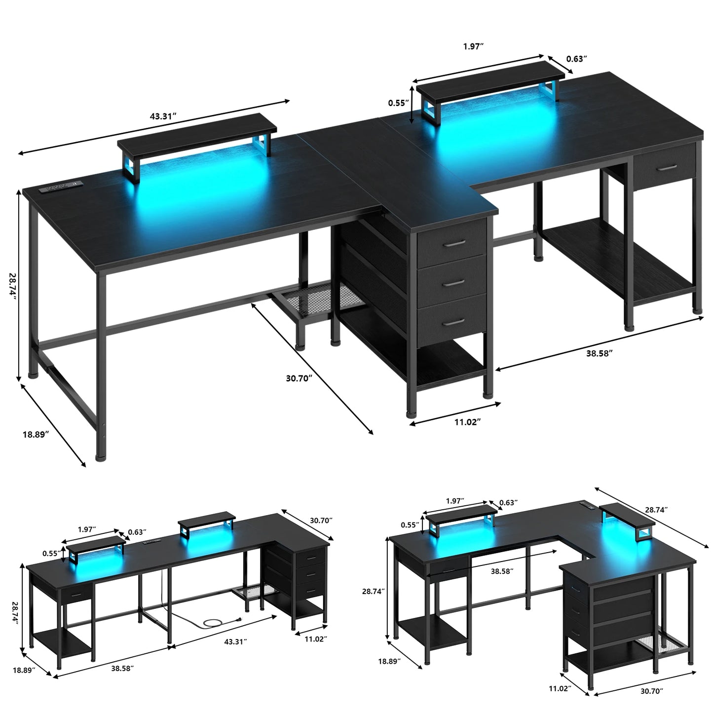 93-Inch L-Shaped Office Desk – With Power Outlets and LED Lights
