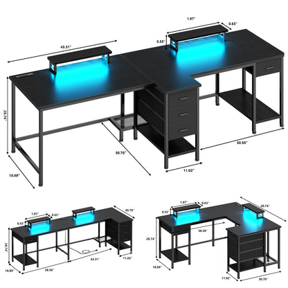 93-Inch L-Shaped Office Desk – With Power Outlets and LED Lights