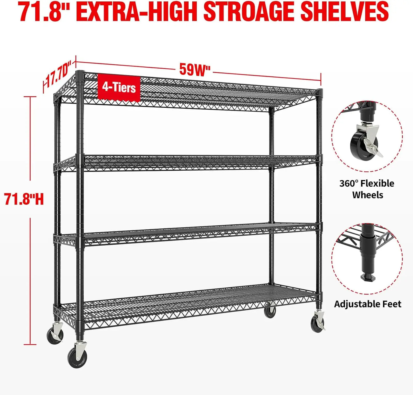 4-Tier Heavy Duty Rolling Wire Shelving Rack – Stainless Steel