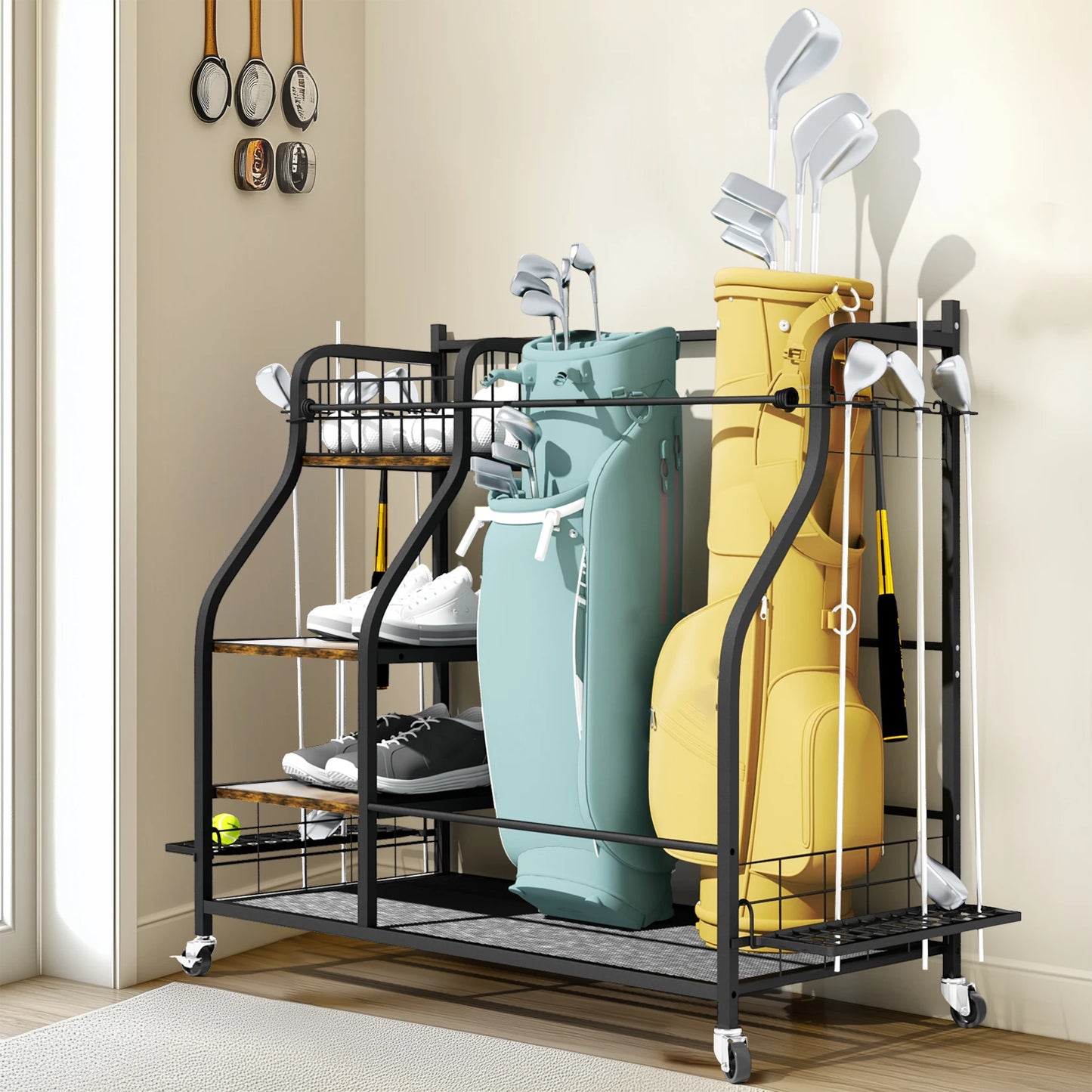 Golf Bag Organizer – 3-Tier Rolling Metal Sports Storage Rack