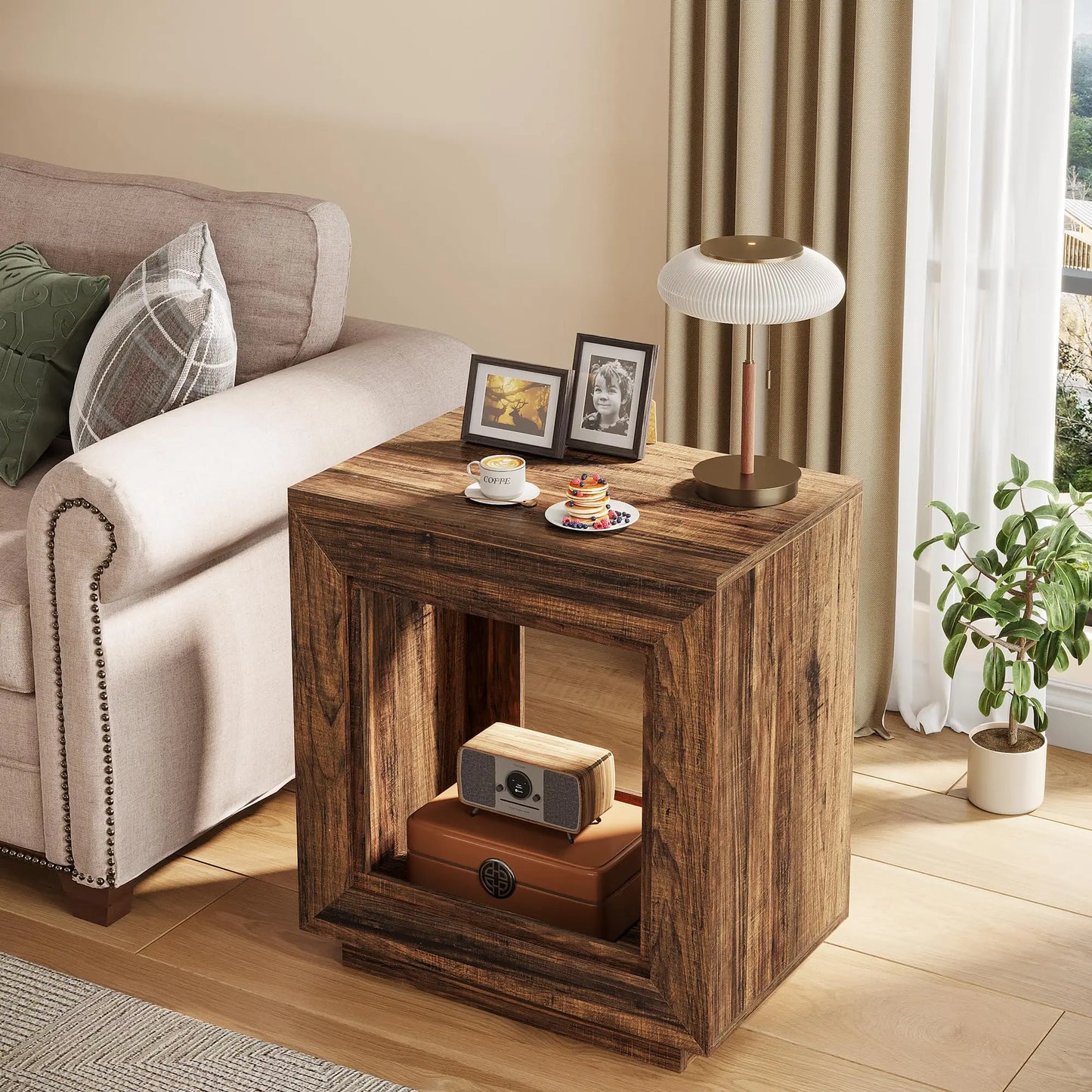 Rustic Wood End Table – 2-Tier Square Side Table, 24-Inch