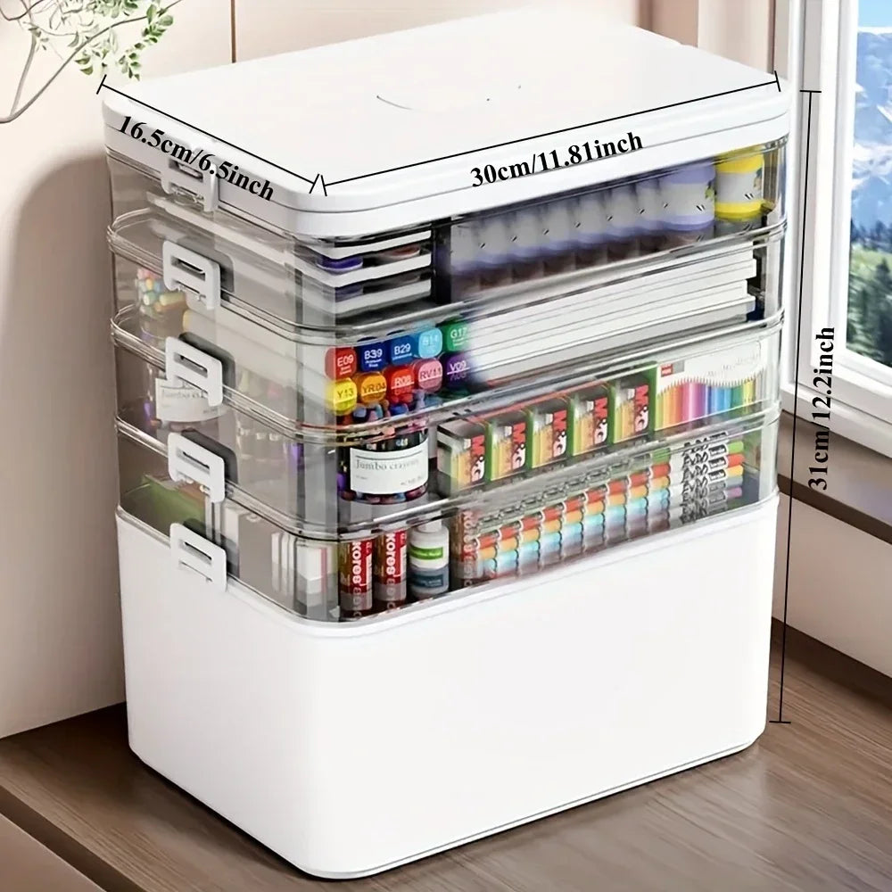 Stackable storage drawers with art supplies on a wooden surface