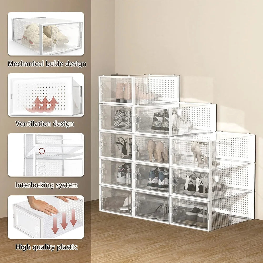 12-Pack Stackable Shoe Storage Boxes – Transparent Plastic