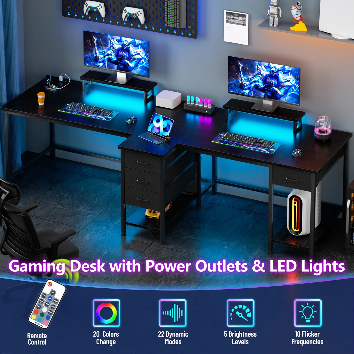93-Inch L-Shaped Office Desk – With Power Outlets and LED Lights