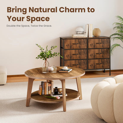 32-Inch Round Coffee Table – 2-Tier Wood Center Table with Storage