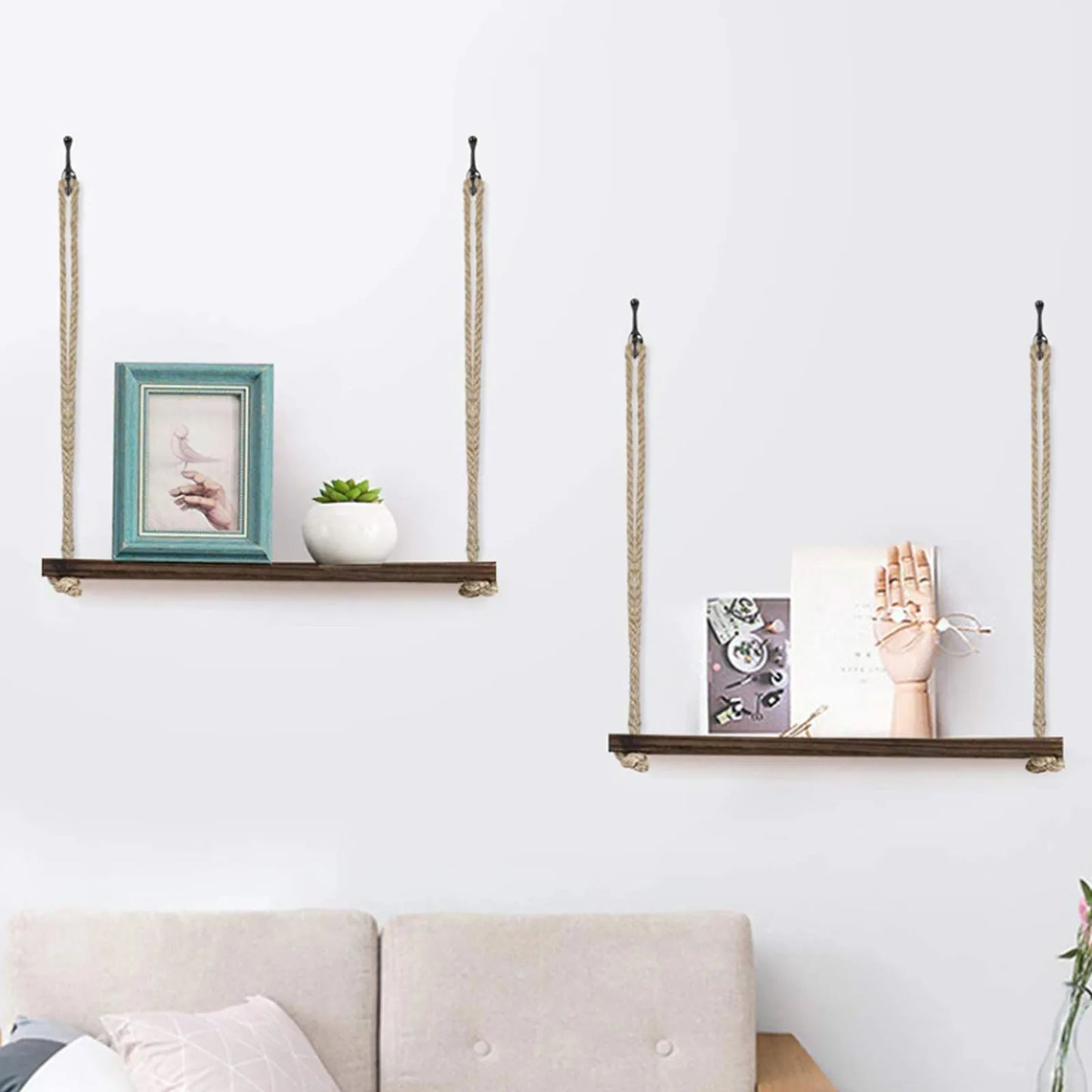 Floating Wall Shelf – Macrame Rope Triangle Wood Rack