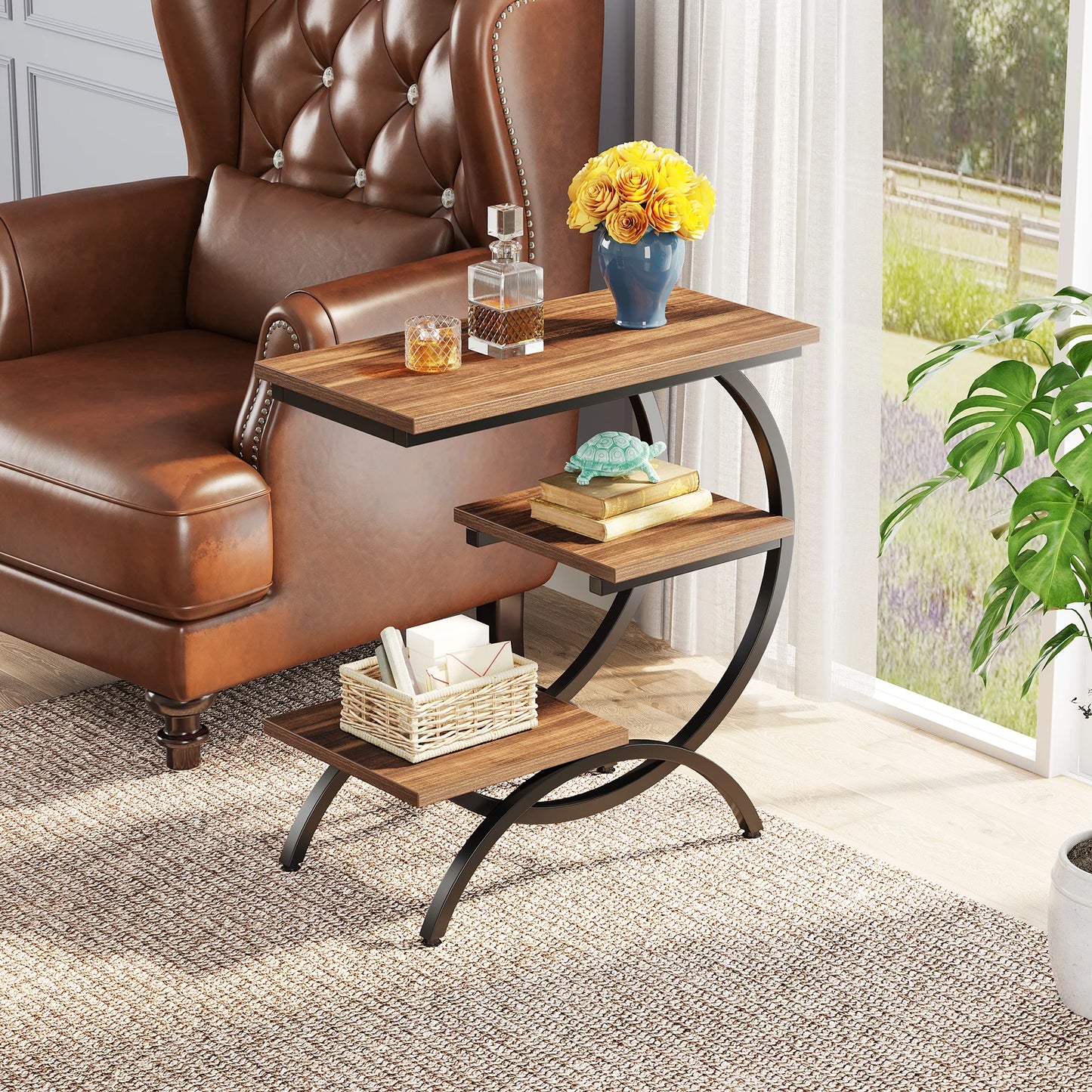 C-Shaped End Table – Industrial 3-Tier Wood Side Table