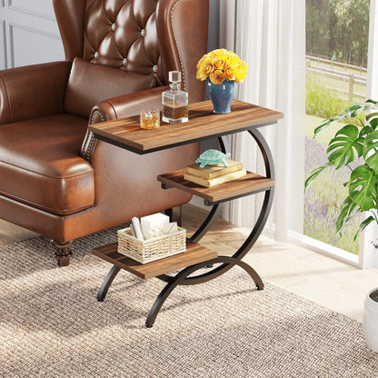 C-Shaped End Table – Industrial 3-Tier Wood Side Table