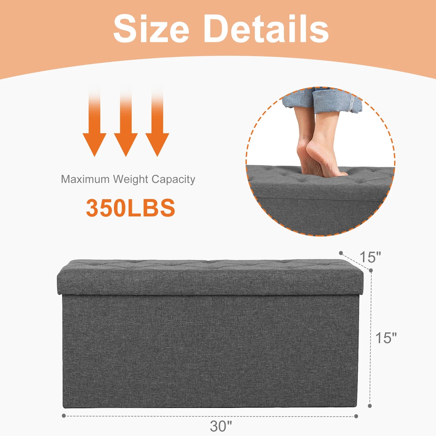 Folding Storage Ottoman Bench – Linen Fabric Footstool, 43-Inch