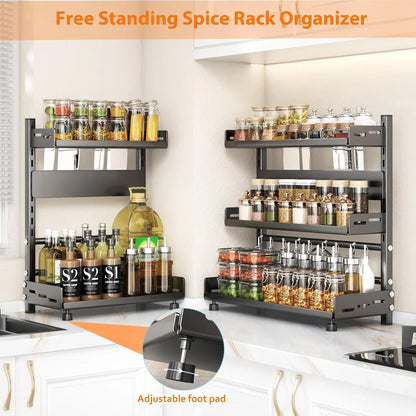 3-Tier Adjustable Spice Rack – Metal Kitchen Countertop Organizer