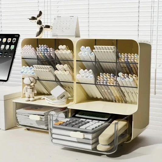 Desk organizer with stationery items in a home office setting