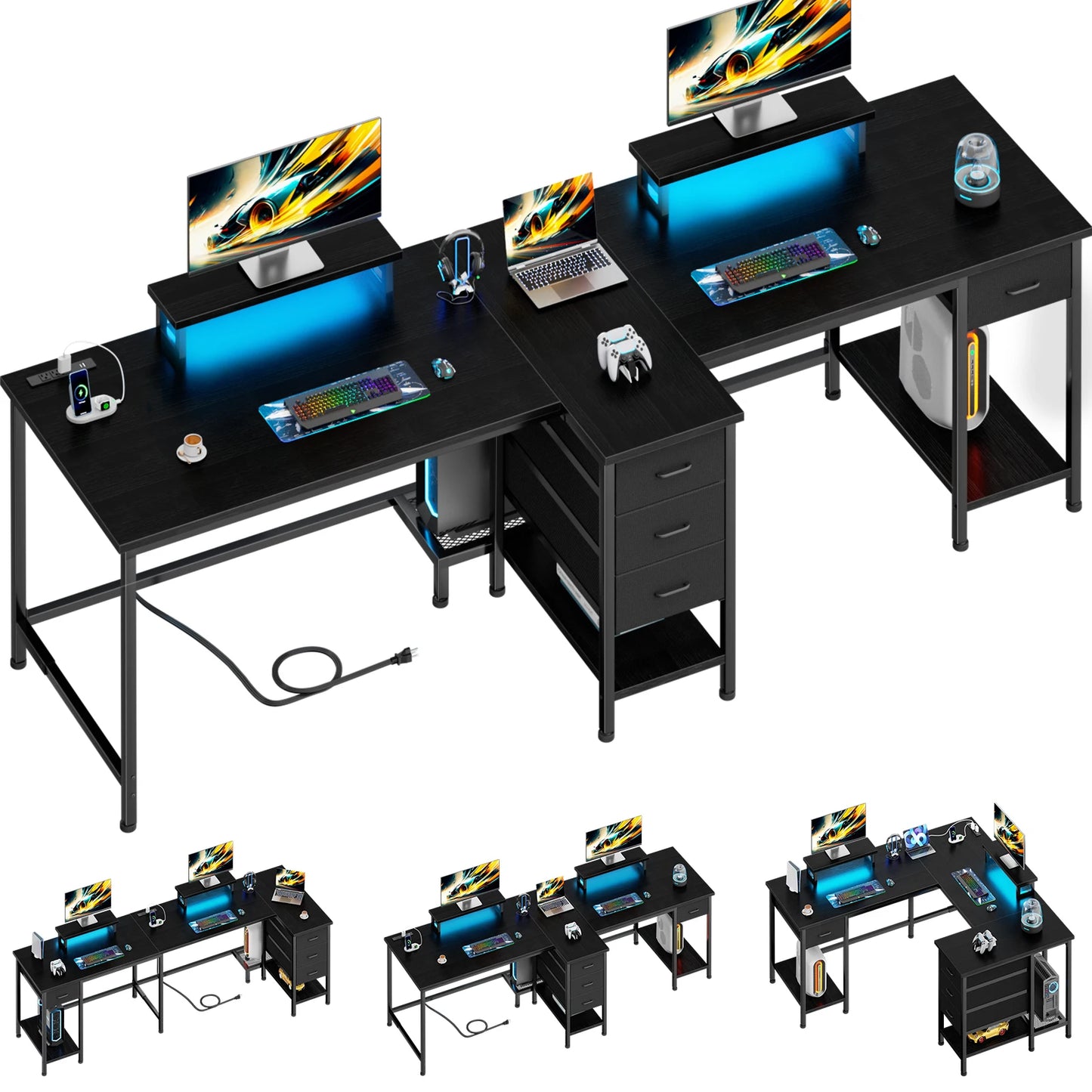 93-Inch L-Shaped Office Desk – With Power Outlets and LED Lights