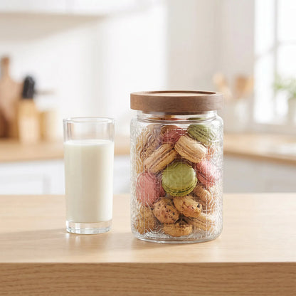 Textured Glass Storage Jar with Acacia Wood Lid