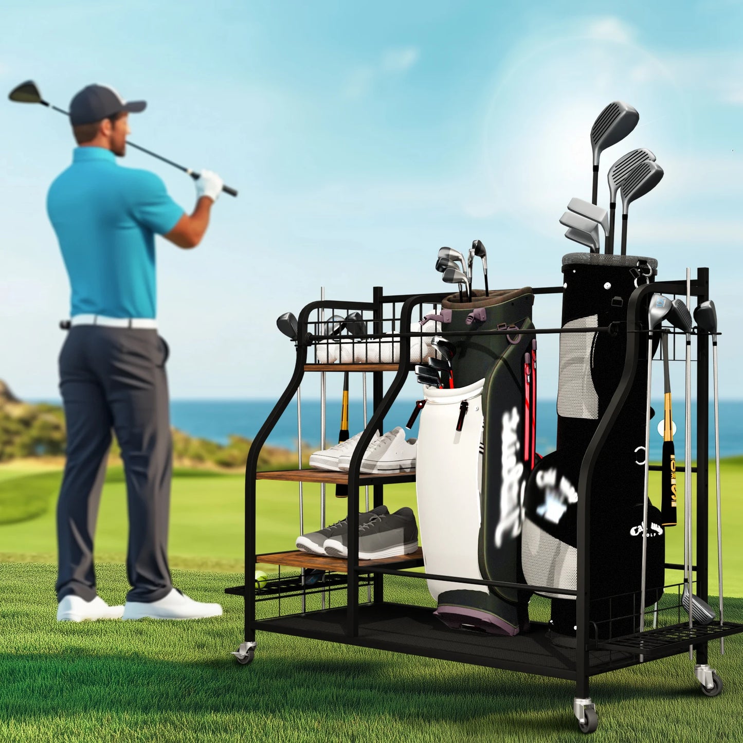 Golf Bag Organizer – 3-Tier Rolling Metal Sports Storage Rack