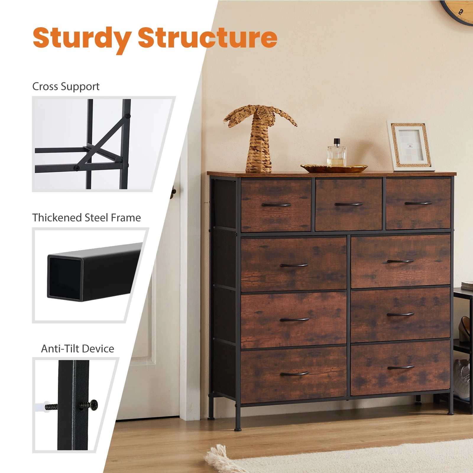 Wooden dresser with metal frame in a room setting, highlighting sturdiness features.