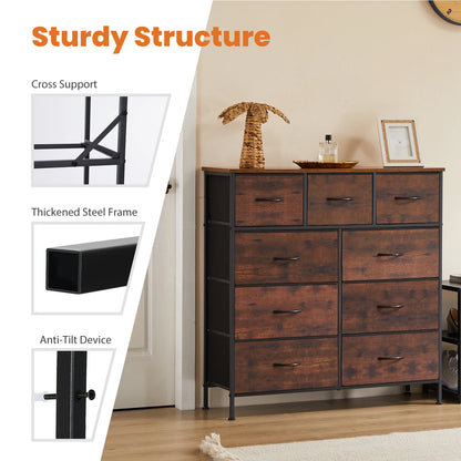 Wooden dresser with metal frame in a room setting, highlighting sturdiness features.