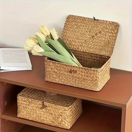 Handmade Straw Woven Storage Basket – Vintage Desktop Organizer by Home Standard