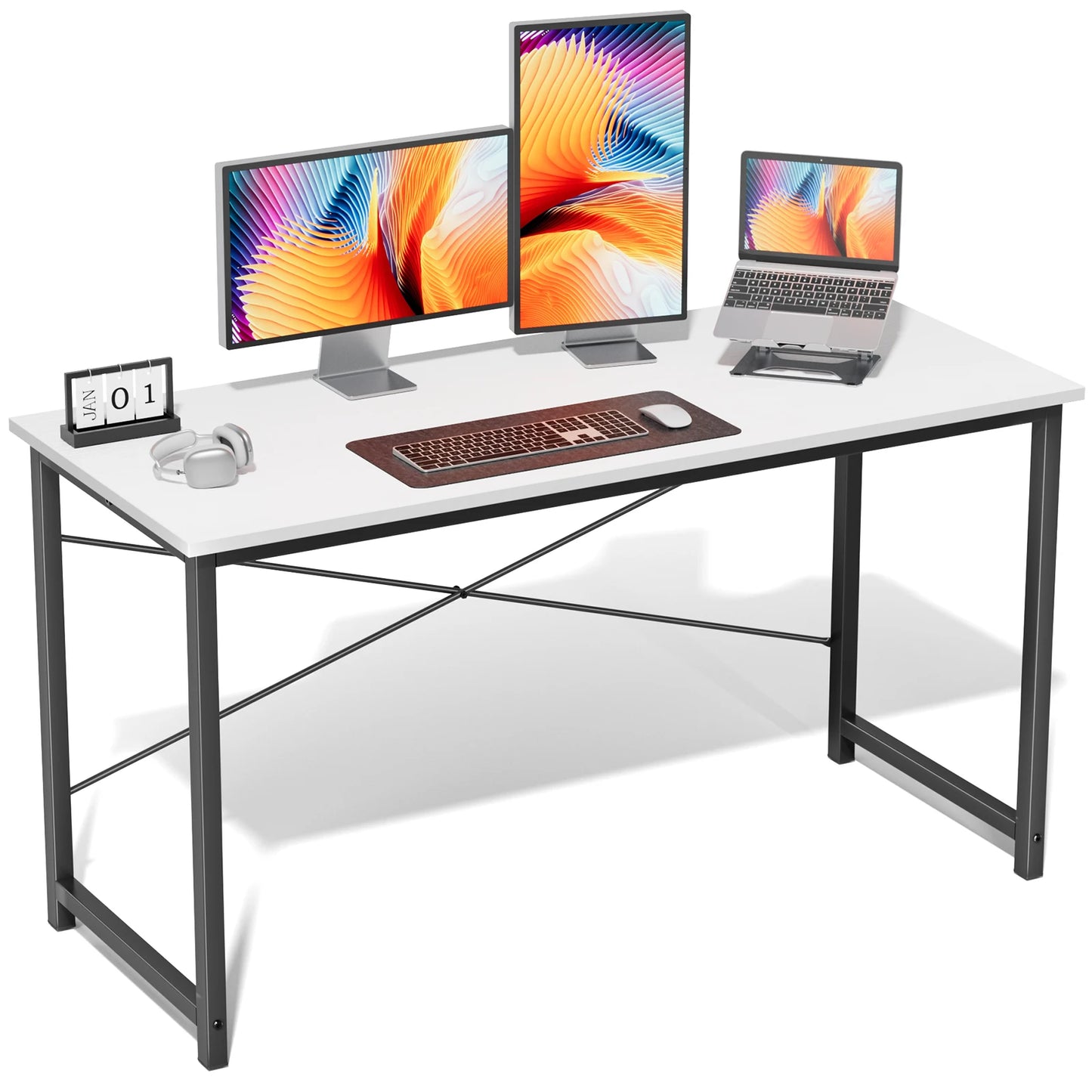 White computer desk with black legs, featuring two monitors, a laptop, and a keyboard.