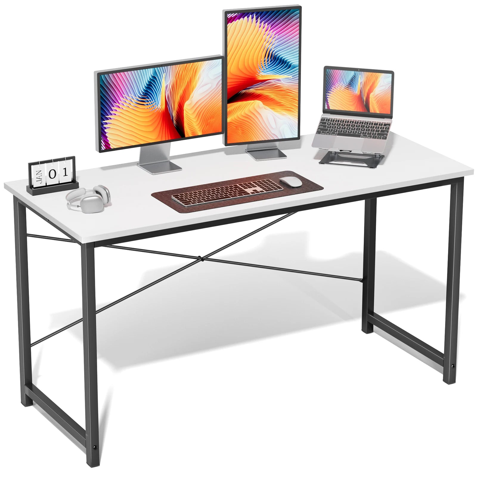 White computer desk with black legs, featuring two monitors, a laptop, and a keyboard.
