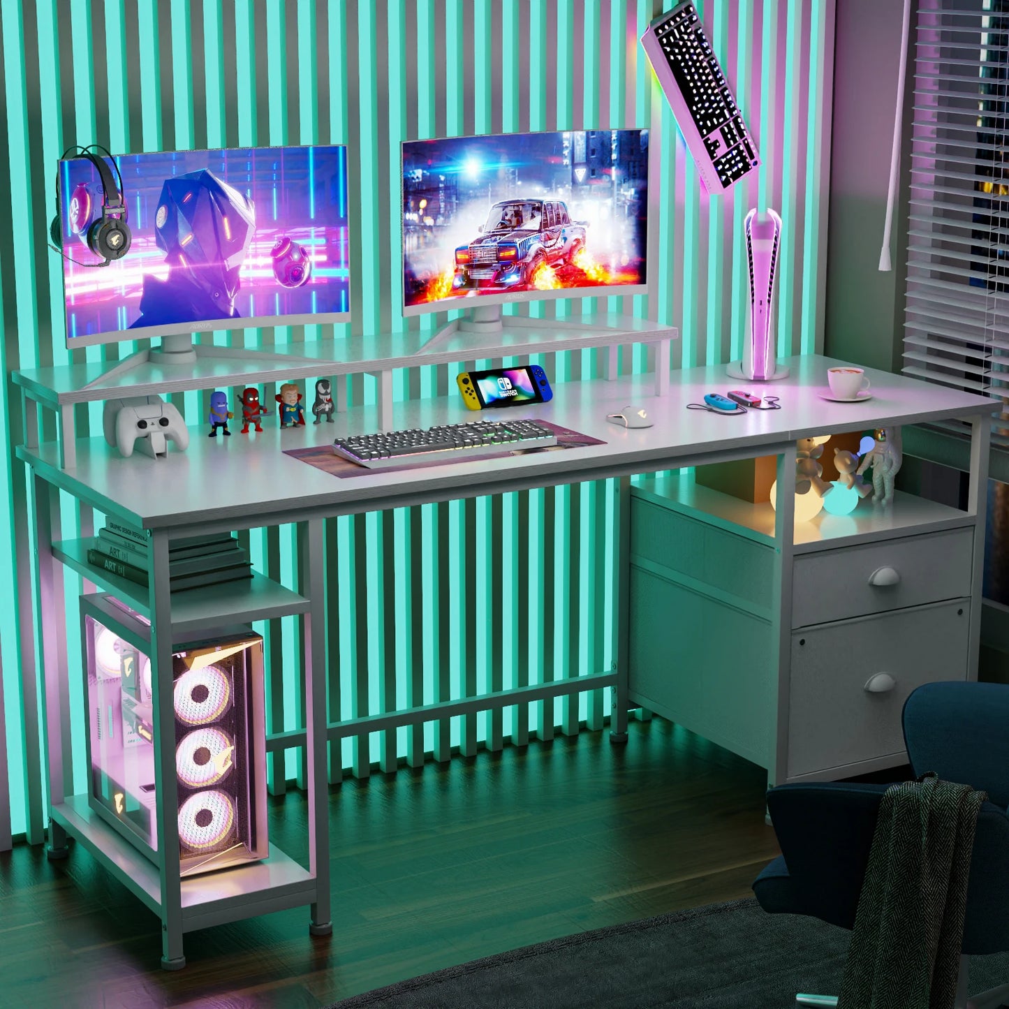 93-Inch L-Shaped Office Desk – With Power Outlets and LED Lights