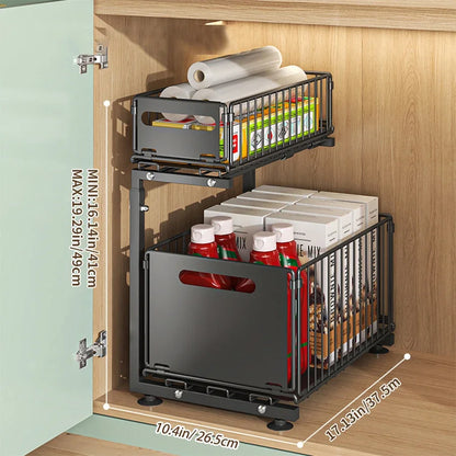 2-Tier Under Sink Organizer – Adjustable Sliding Metal Shelf