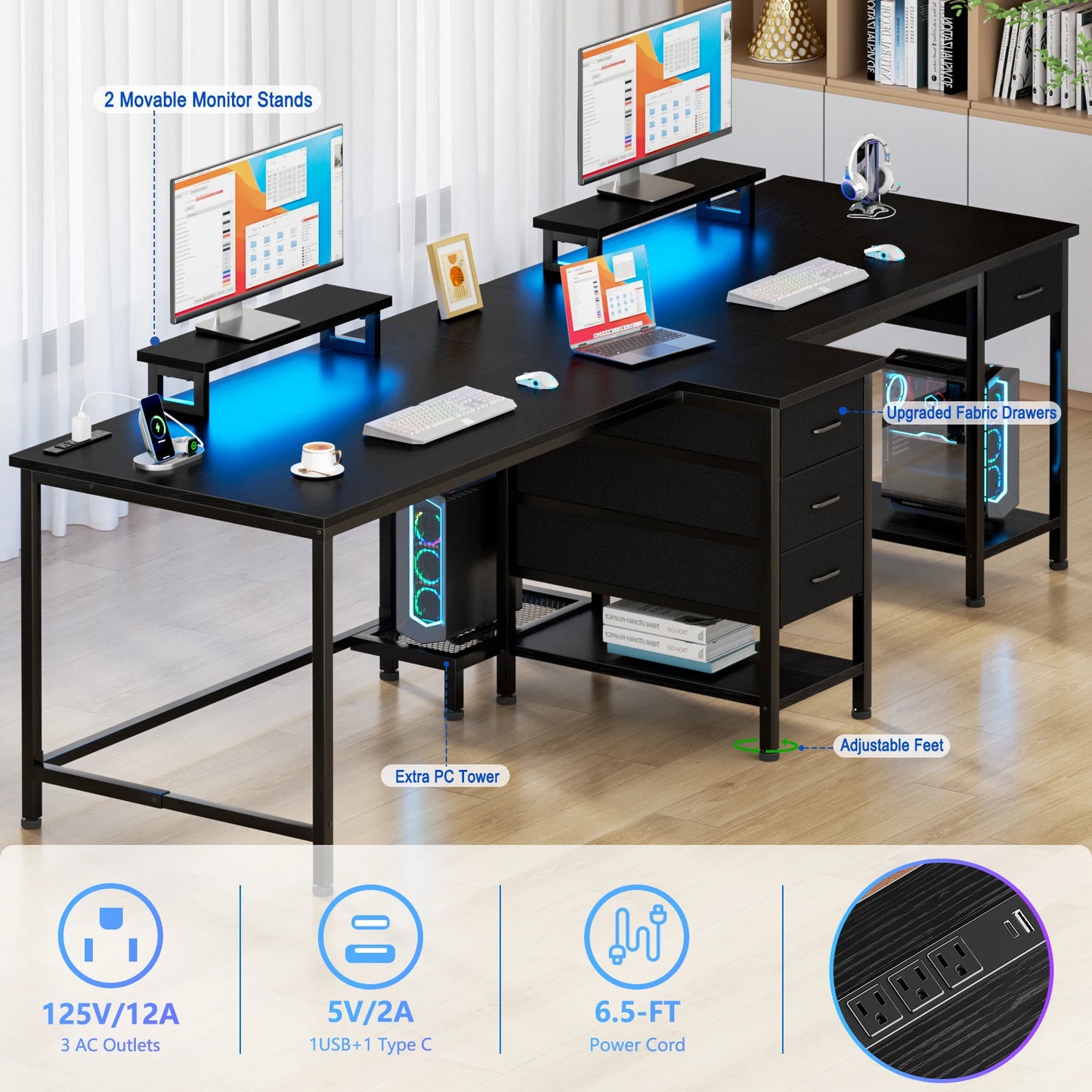 93-Inch L-Shaped Office Desk – With Power Outlets and LED Lights