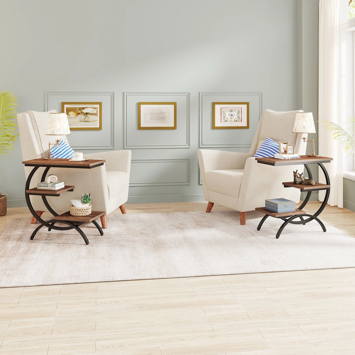 C-Shaped End Table – Industrial 3-Tier Wood Side Table