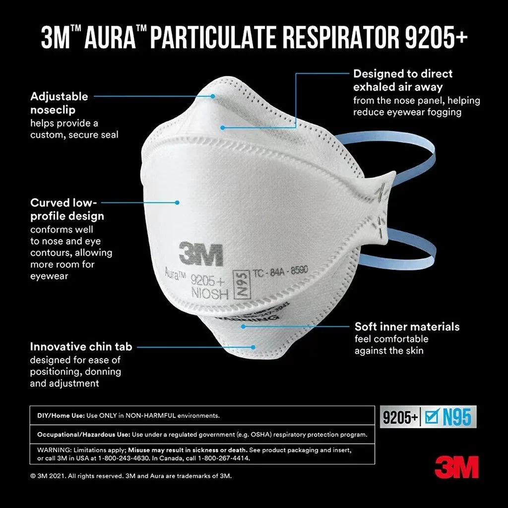 3M 9205+ Aura N95 Particulate Respirator – NIOSH Approved Safety Mask